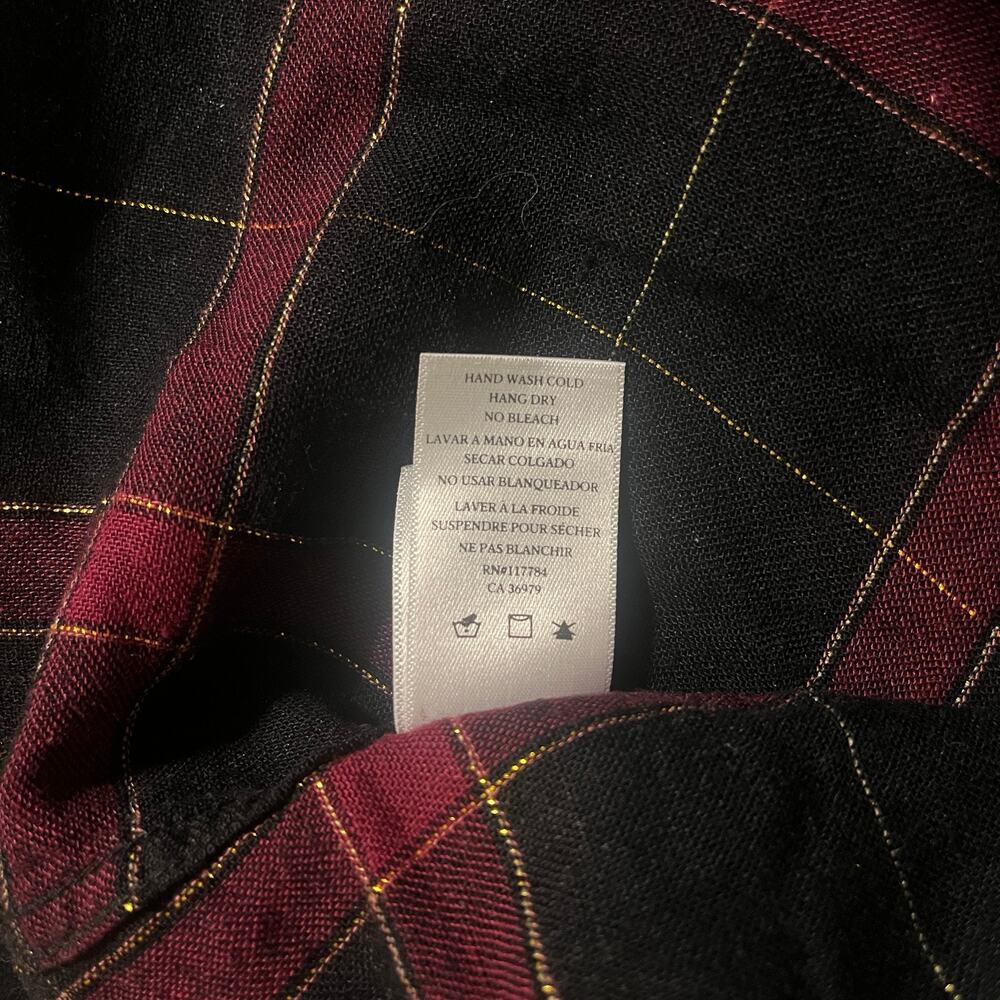 Rails Redding Linen Raw Hem Plaid Long Sleeve Popover Shirt Black Wine Gold Sz L - Picture 7 of 8